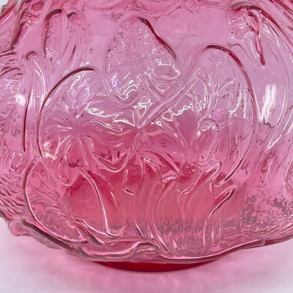 vintage fenton cranberry swans and cattails hand blown vase ruffle top - Picture 7 of 9